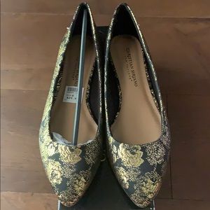 Christian Siriano Black and Gold Floral Pointed-Toe Flats